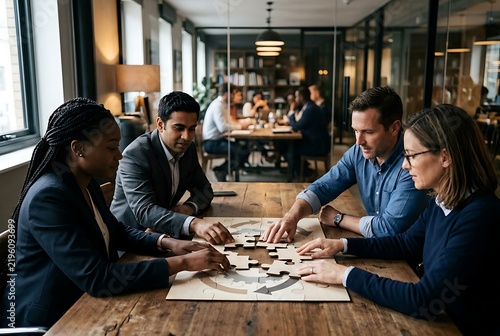 Diverse Business Team Collaborating On Strategic Puzzle Game In Modern Office Meeting Room.