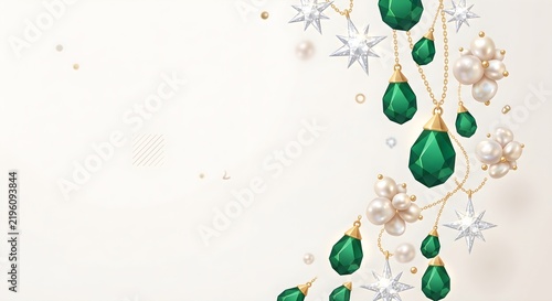 Clean White Background with Corner Decorative Arrangement of Green Emerald Gemstones and Pearls