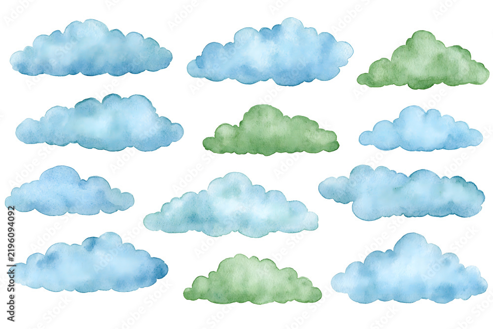 Fototapeta premium Watercolor cloud set in blue and green on white background