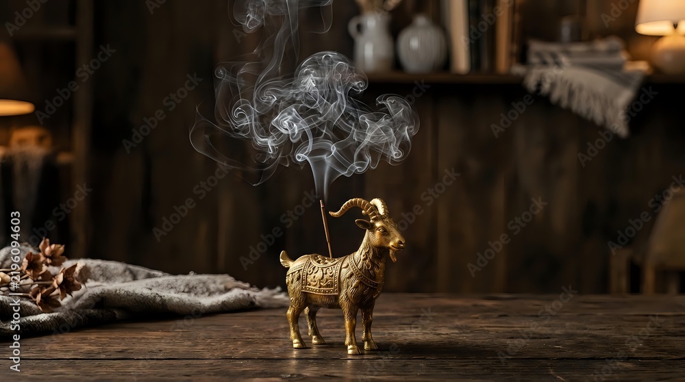 Fototapeta premium Brass llama figurine exhaling smoke on wooden surface with blurred interior background