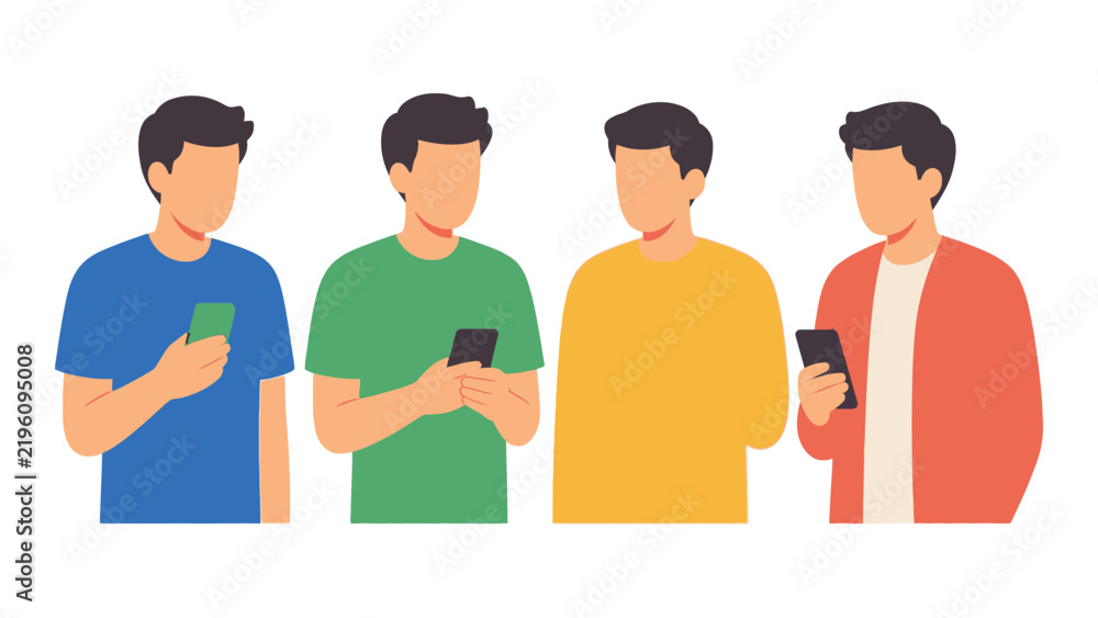 Fototapeta premium Four People Using Smartphones Standing Side by Side