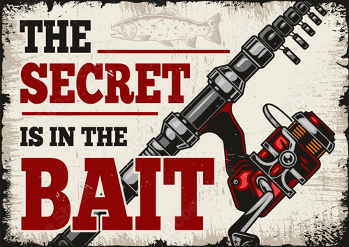 Fishing rod with red reel and fish illustration