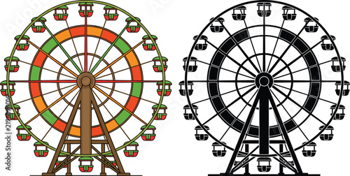 Amusement park ferris wheel vector set featuring detailed colorful illustration alongside full black solid counterpart graphic