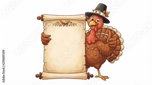 A cartoon turkey wearing a pilgrim hat and holding a blank parchment scroll while giving a thumbs up gesture on a white background