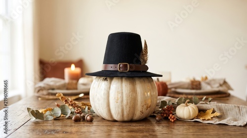 A white pumpkin with a black pilgrim hat sits on a wooden table.