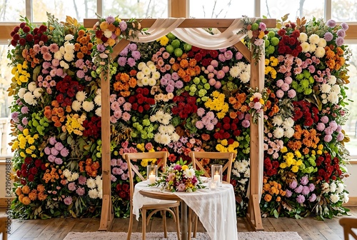 Elegant wedding reception sweetheart table against a colorful flower wall and wooden arch backdrop.