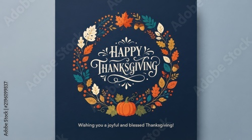 A square thanksgiving greeting card featuring a wreath of colorful autumn leaves, acorns, and a pumpkin with calligraphy on dark blue