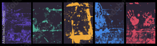 Dark grunge halftone poster set with colorful purple, teal, orange, blue, pink overlay texture effect, handprint,  distressed dot pattern. Abstract punk backgrounds for Halloween banner, social media 