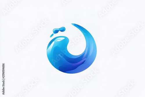 Abstract circular blue water splash logo with droplets isolated on white backdrop for branding.