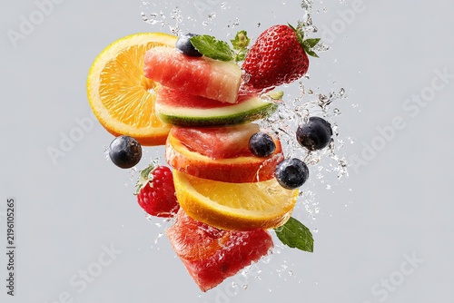 Fresh sliced fruits and berries splashing with clear water for healthy food advertising design.