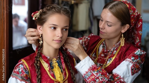 Tradition Passed Down: A mother carefully adorns her daughter with traditional earrings, both dressed in vibrant, embroidered folk costumes, symbolizing the passing of cultural heritage.