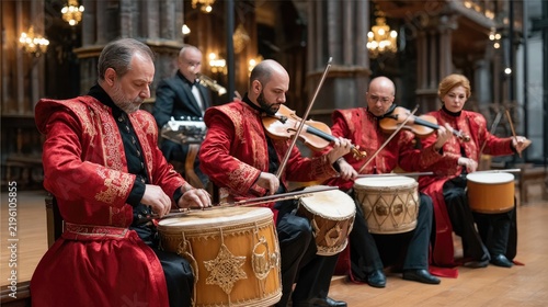 Traditional Ensemble Performance: A group of musicians in vibrant red traditional attire performs an instrumental piece with various percussion and string instruments inside an ornate hall.