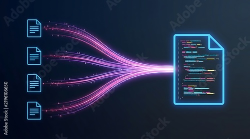 Fototapeta Multiple document icons transforming into single code file with vibrant light trails representing data processing aggregation and software development.