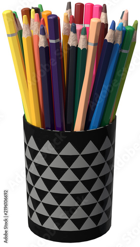 Black and gray patterned pencil cup filled with vibrant colored pencils. Bright art supplies isolated on a white background, ideal for creative, school, and design mockups.