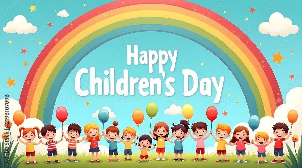 Fototapeta premium Large group of happy children standing together under a big colorful rainbow with childrens day group of kids balloons