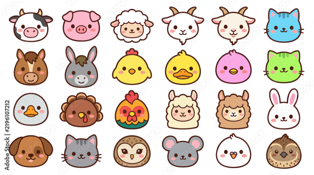Obraz premium Collection of cute farm animal faces