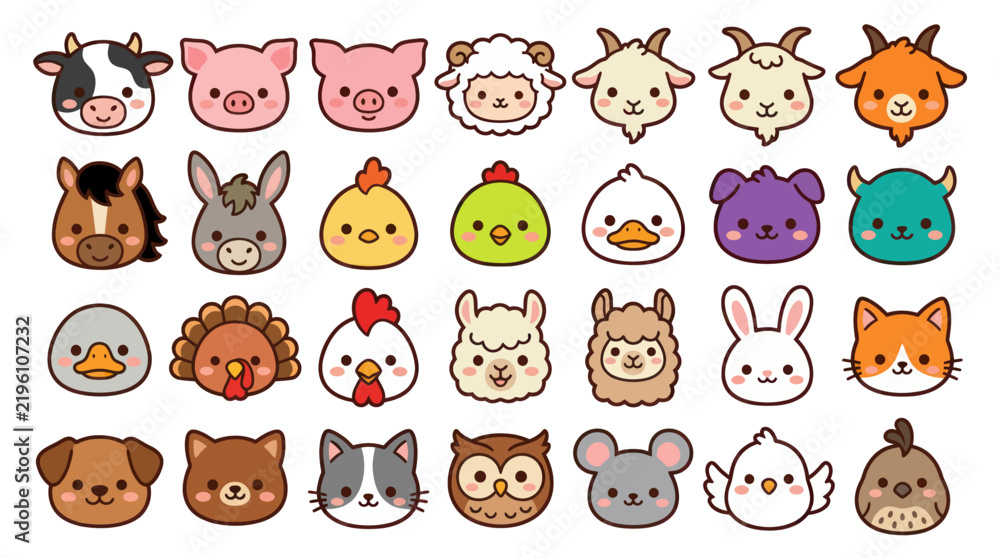 Fototapeta premium Collection of cute farm animal faces
