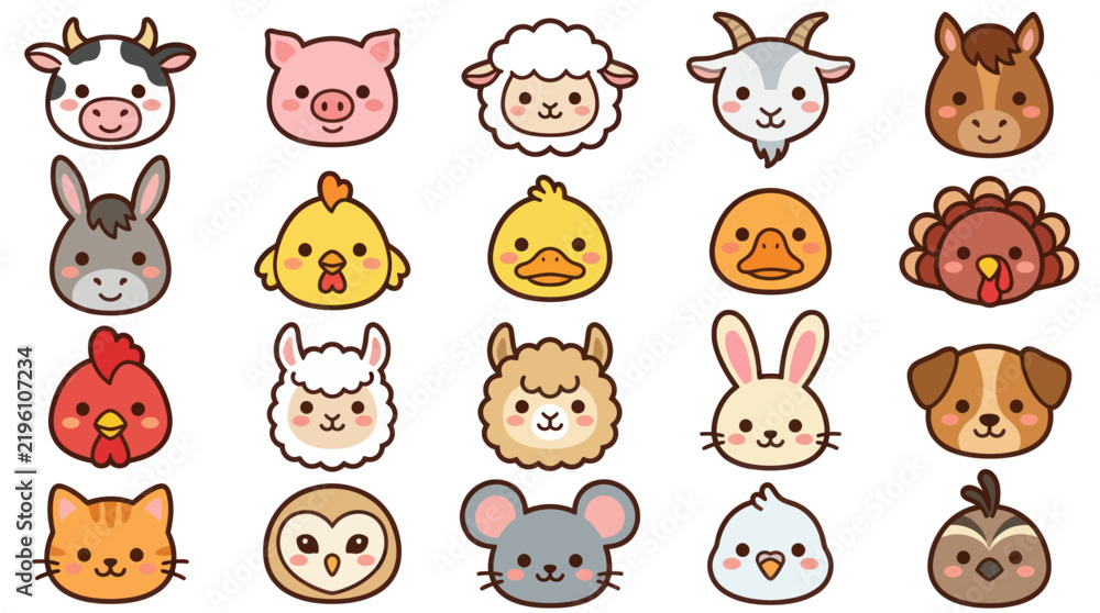 Fototapeta premium Collection of cute farm animal faces icons