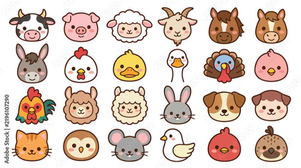 Obraz premium Collection of cute farm animal faces icons