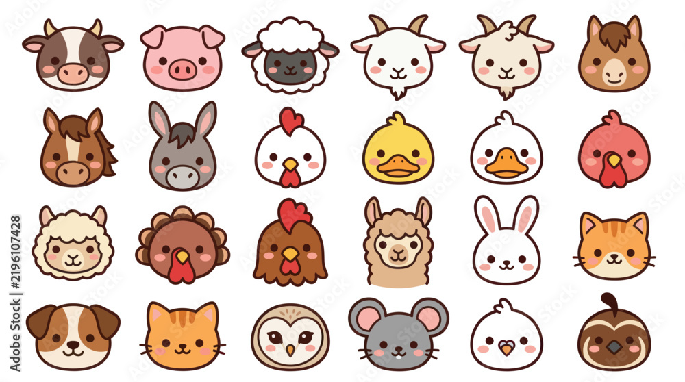 Obraz premium Collection of cute farm animal faces icons