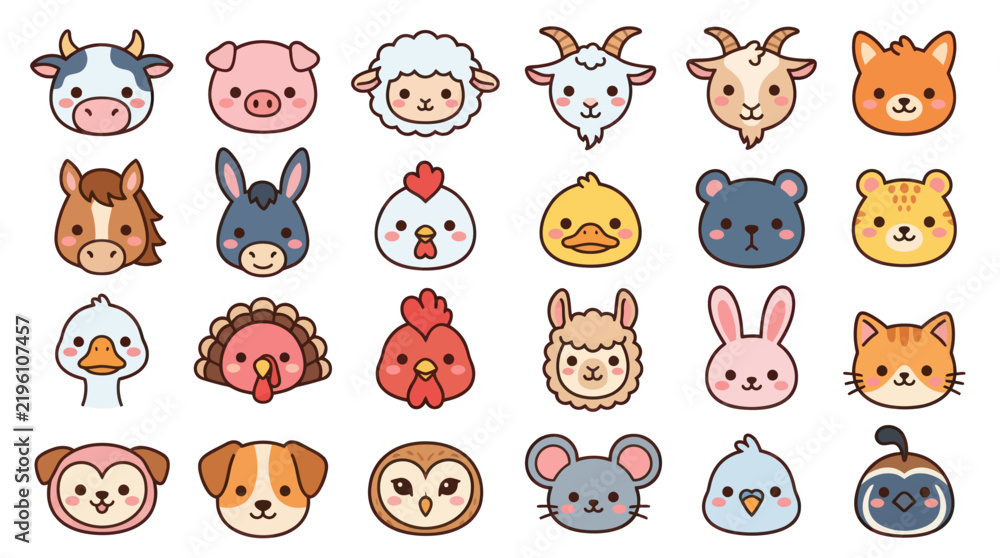 Fototapeta premium Collection of cute farm animal faces icons