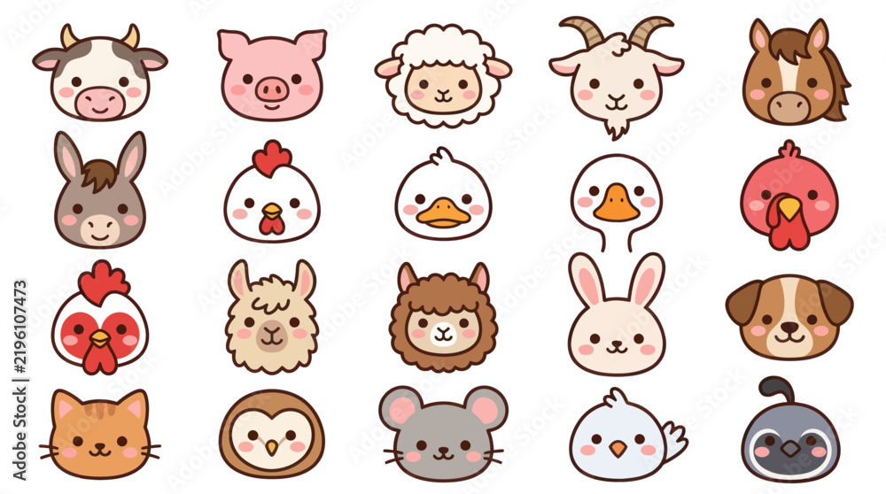 Obraz premium Collection of cute farm animal faces icons