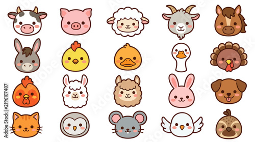 Collection of cute farm animal faces icons