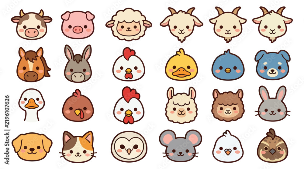 Obraz premium Collection of cute farm animal icons
