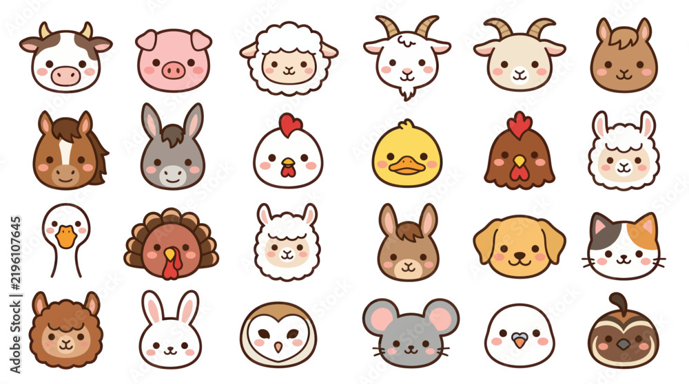 Fototapeta premium Collection of cute farm animal icons