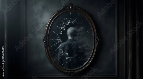 Dark antique mirror reflecting a mysterious human silhouette, creating a surreal and melancholic atmosphere associated with memory, identity, reflection, and mystery.