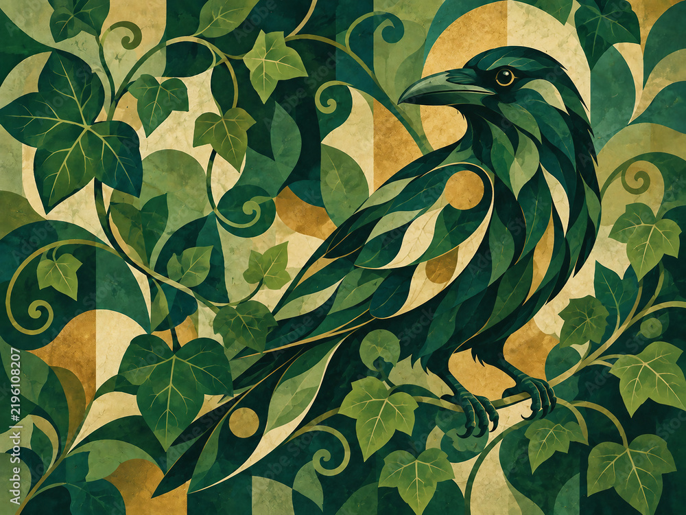 Obraz premium Dark raven perched among dense green ivy and ornamental foliage in a mysterious vintage woodland folk art composition.