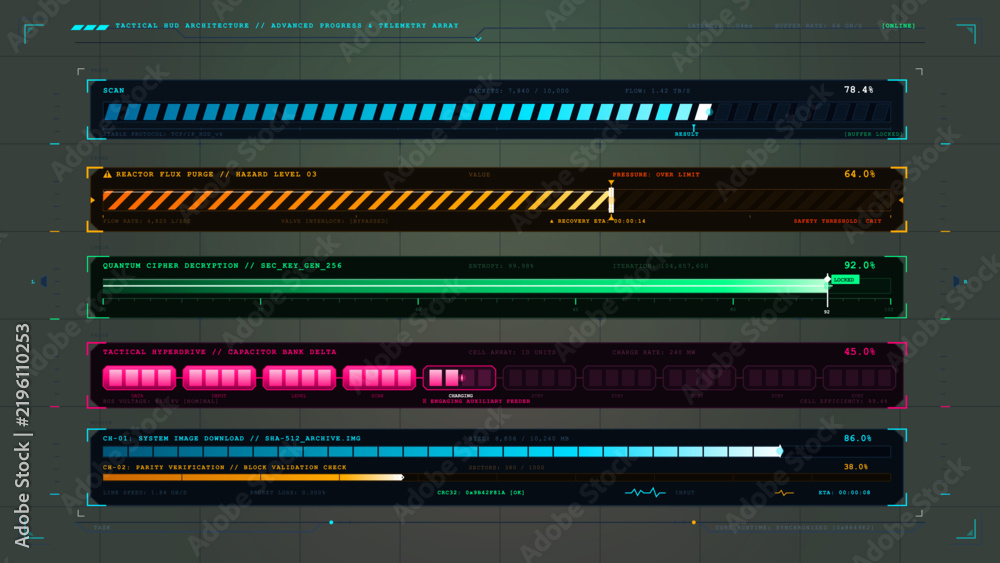Fototapeta premium A digital screen shows various data metrics including progress bars and statistics. The information highlights levels and performance in a technical context.