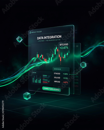 Digital screen showing cryptocurrency price chart with data integration interface and futuristic background elements
