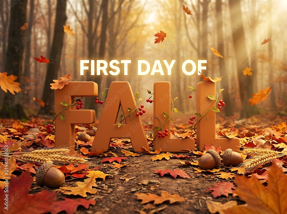 Obraz premium First day of fall represented by large 3D letters surrounded by colorful autumn leaves acorns and wheat in a forest setting symbolizing seasonal change.