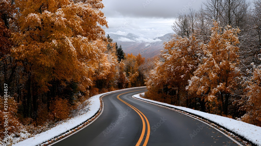 Obraz premium Winding asphalt road through a scenic mountain forest with autumn foliage and a light dusting of fresh snow