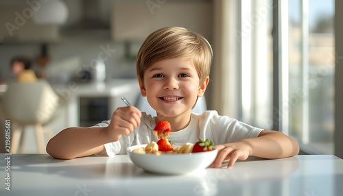 Happy Little Boy Eating Healthy Breakfast Cereal with Fresh Strawberries and Bananas in Modern Kitchen