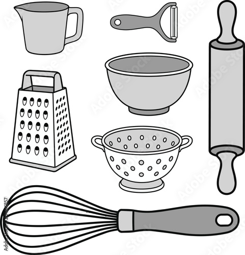 Kitchen Preparation Tools Collection Black and White Minimal Line Art Vector Set