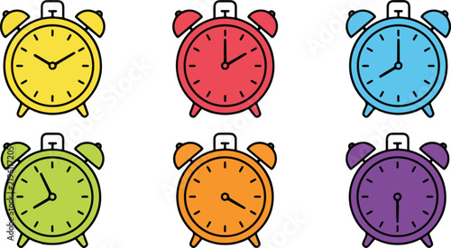 Set of six colorful vintage alarm clocks with varied time settings colorful collection mechanical