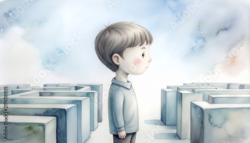 Watercolor illustration of a boy standing at the entrance of a maze under a soft sky