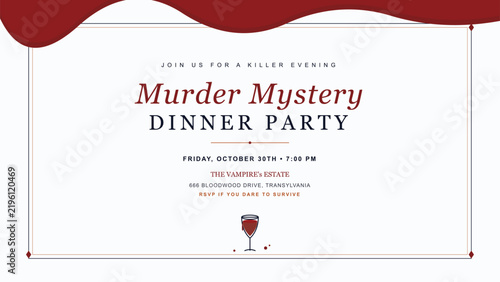 Halloween murder mystery dinner party invitation minimalist elegant dark red graphic design digital event template for social gathering