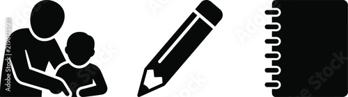 Icons of a teacher with a student, a pencil, and a notebook