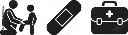 Medical care icons set featuring a person helping a child, a bandage, and a first aid kit