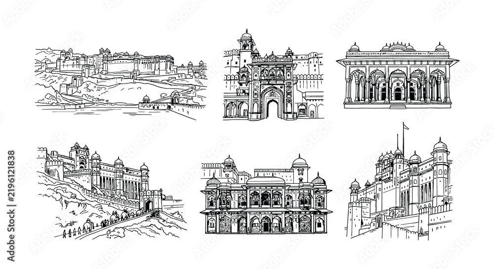 Obraz premium Collection of indian palaces depicted in a detailed line vector illustration