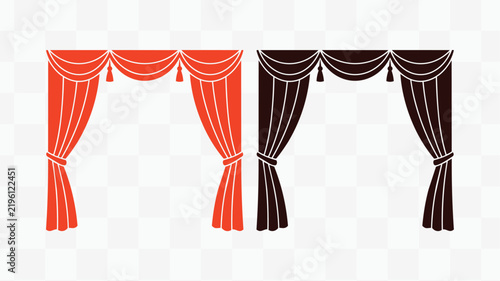 Elegant theater curtains with swags and tassels, red and black velvet stage drapes vector, classic cinema and opera house interior decor set isolated on Transparent Background