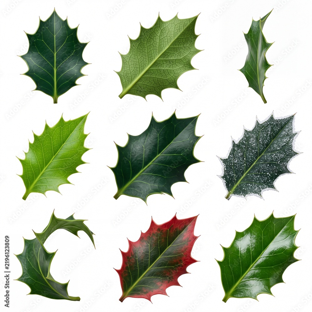 Fototapeta premium Collection of various green holly leaves isolated on white