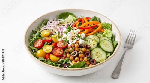 Bowl of fresh Mediterranean grain salad with roasted vegetables and feta on white plate with fork