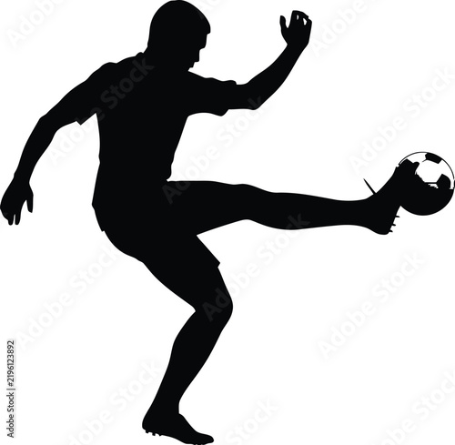 Soccer player silhouette kicking ball, professional football athlete in action pose, black vector graphic on white background, sports competition icon