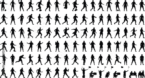 Soccer player silhouettes collection, football athletes in action poses, large set of black sports figures isolated on white background