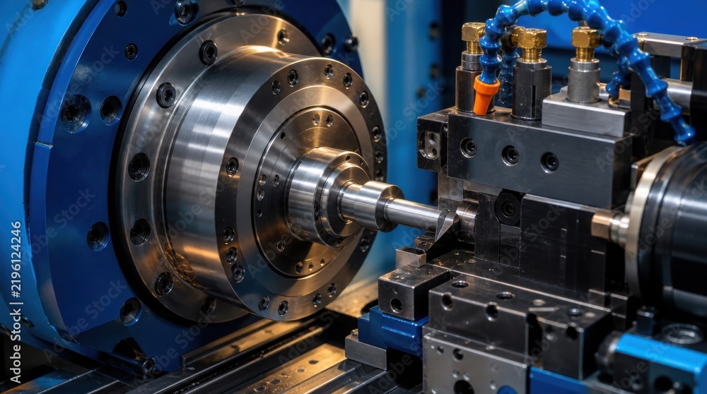 Fototapeta premium Precision CNC lathe machine shaping a metal cylindrical component in an industrial setting.