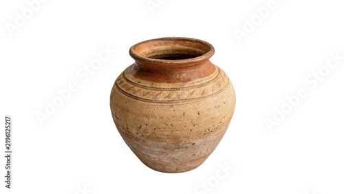 Obraz na płótnie Small empty textured terracotta clay jug pot on dark background